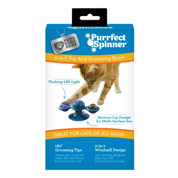 Pets Know Best As Seen on TV Purrfect 2-in-1 Spinner Windmill Toy & Grooming Brush, Lights up, Blue