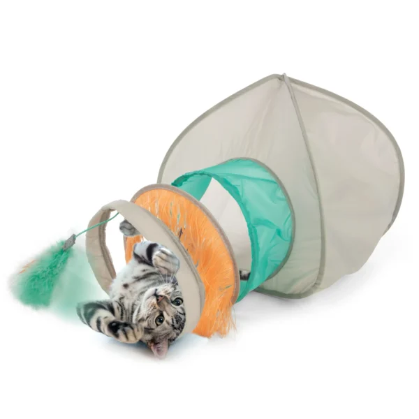 SmartyKat Fringe Frenzy Cat Hideout and Tunnel Cat Toy - Grey Hideout with Tunnel Design